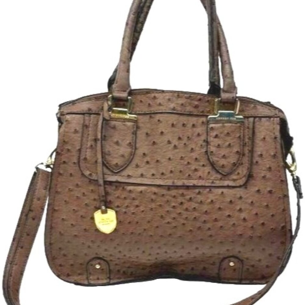 London Fog Brown‎ Ostrich Embossed Satchel Handbag With Shoulder Strap